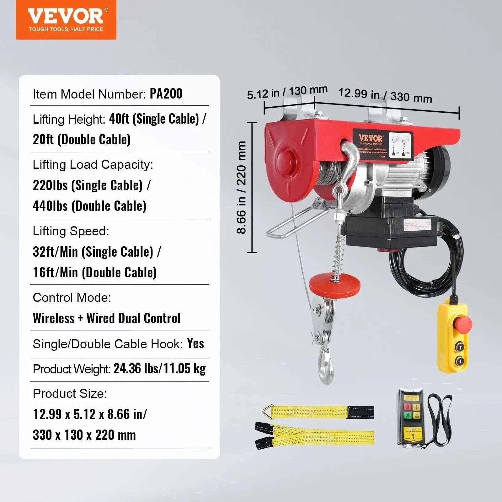 440lb Wireless Electric Hoist with Remote, 40ft/20ft Lift System-440lbs / GERMANY