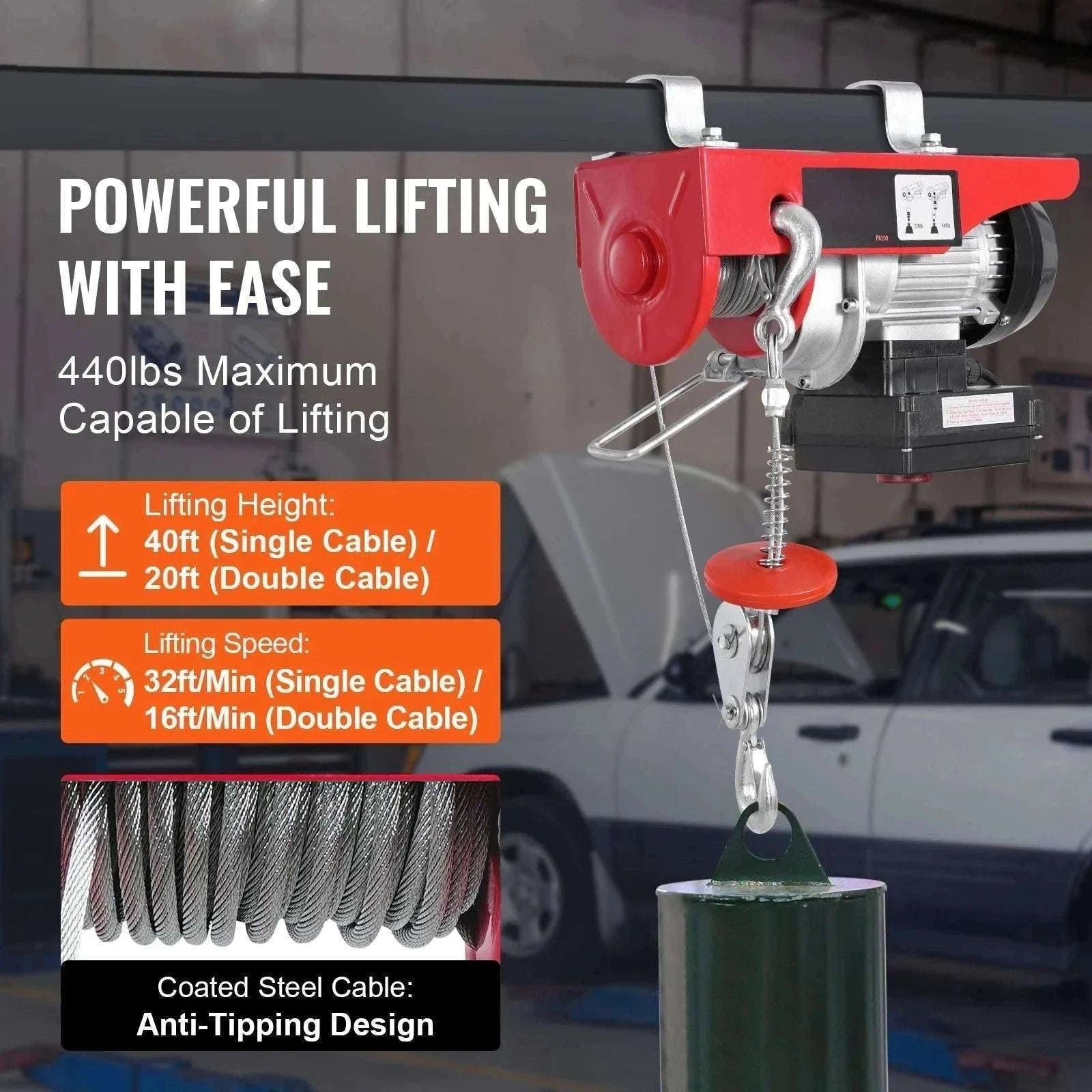 440lb Wireless Electric Hoist with Remote, 40ft/20ft Lift System-440lbs / GERMANY