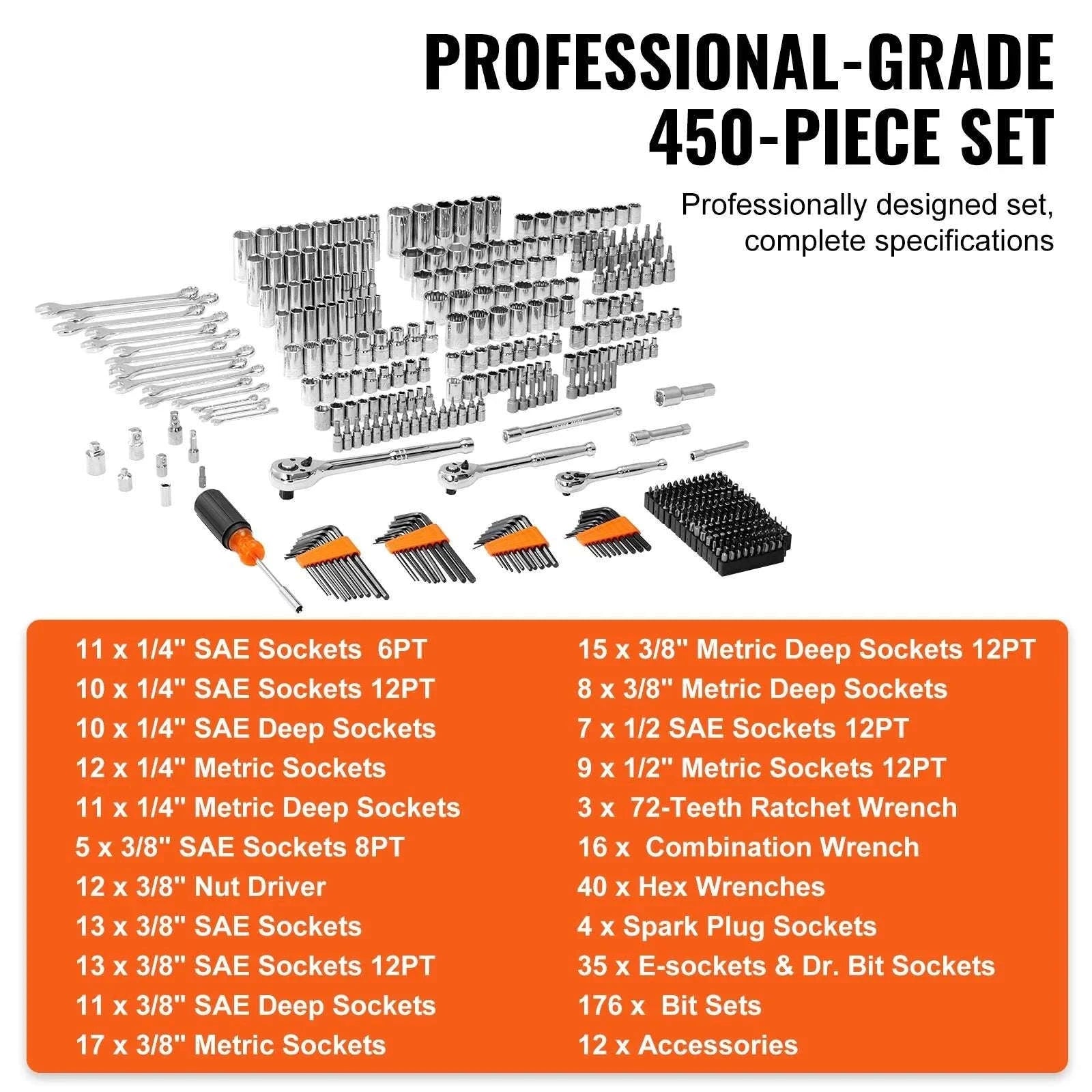 450-Piece Mechanics Tool Set SAE & Metric with Storage Case-450PCs / United States
