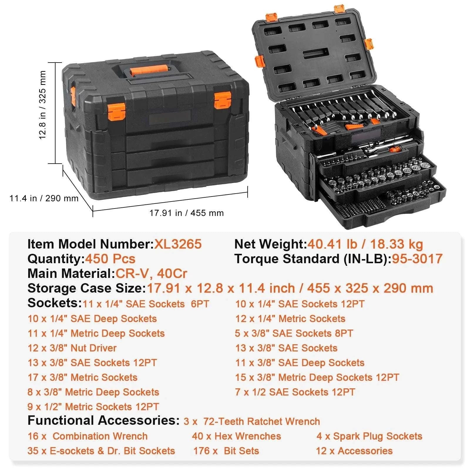 450-Piece Mechanics Tool Set SAE & Metric with Storage Case-450PCs / United States