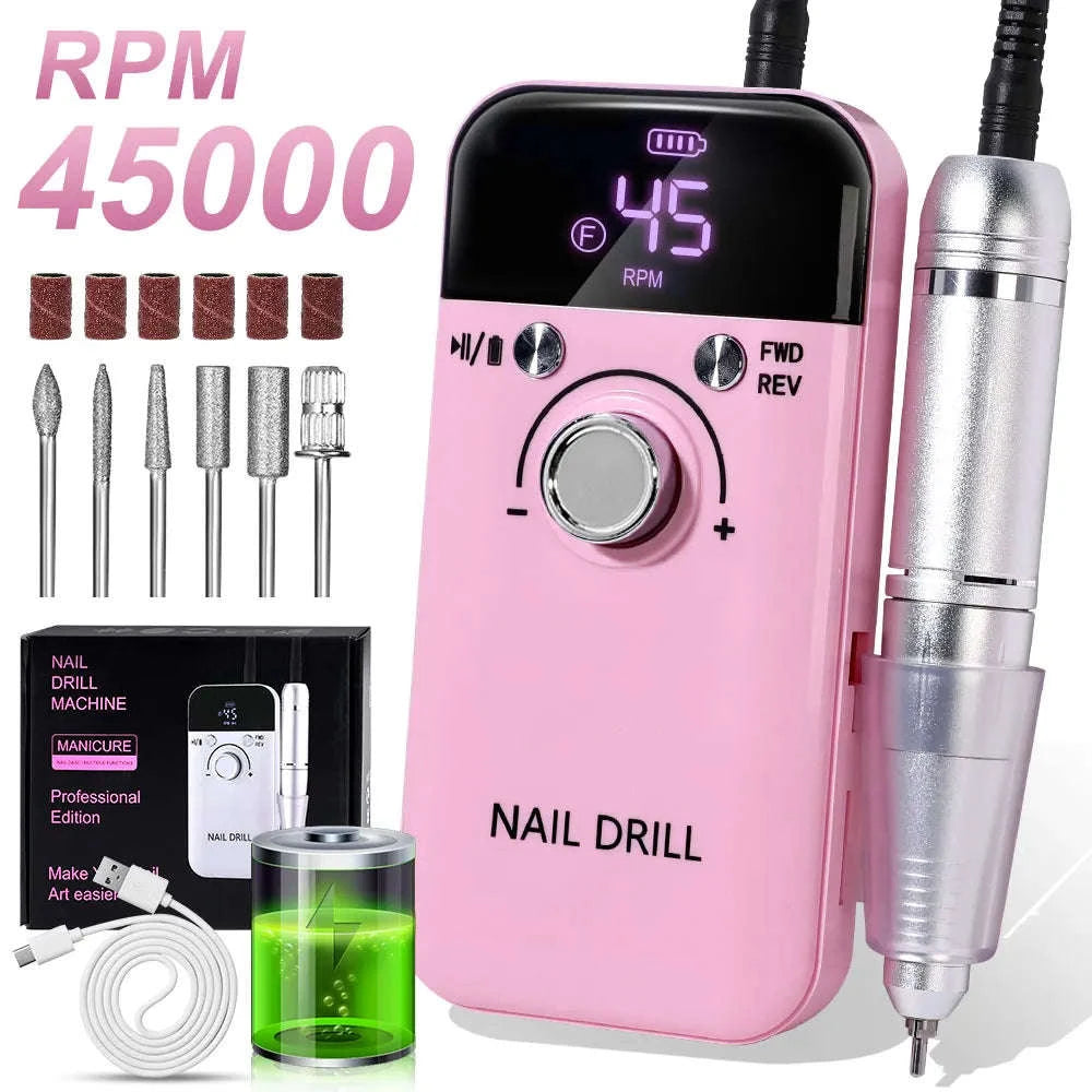 45000RPM Electric Nail Drill Machine Professional Rechargeable Manicure Tool-WHITE