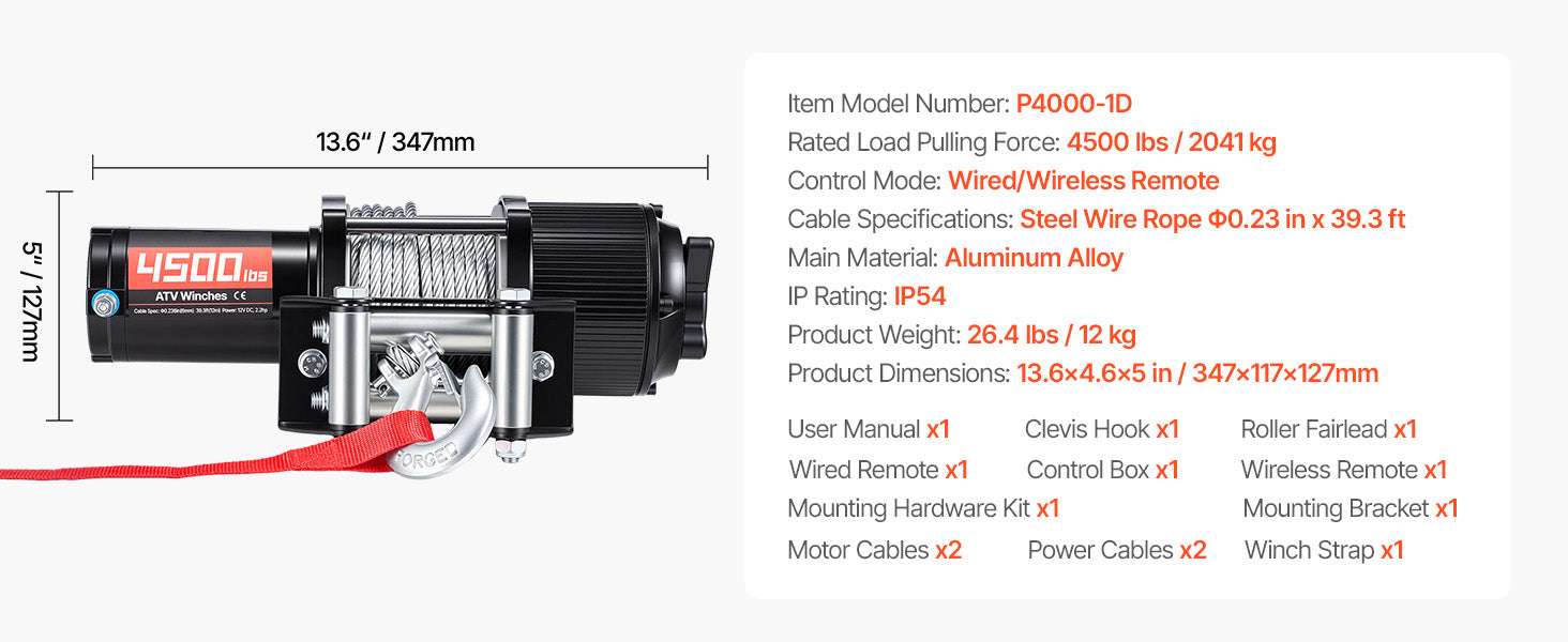 4500LBS 12V ATV/UTV Electric Winch with Steel Cable & Remote Control-4500LBS / United States