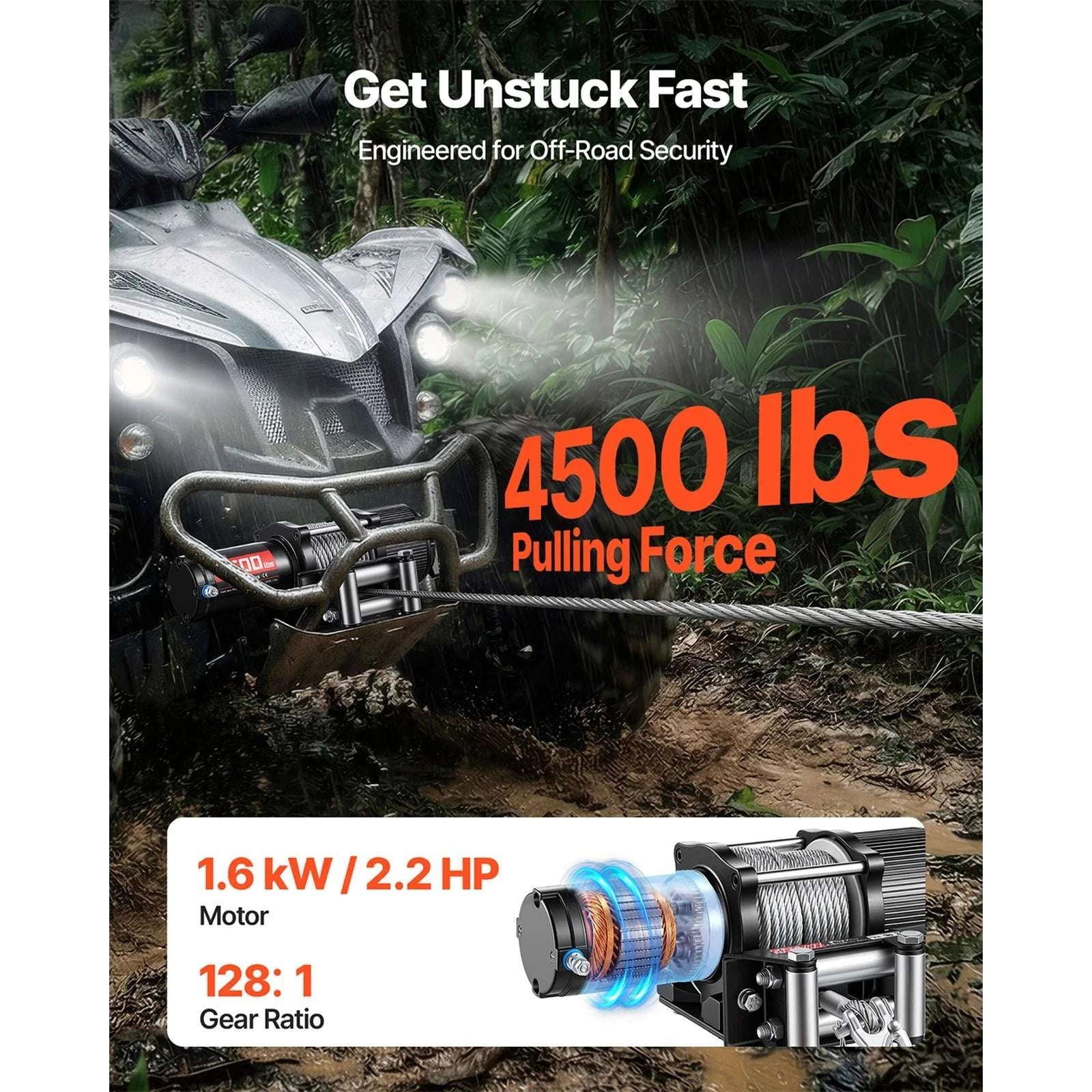 4500LBS 12V ATV/UTV Electric Winch with Steel Cable & Remote Control-4500LBS / United States