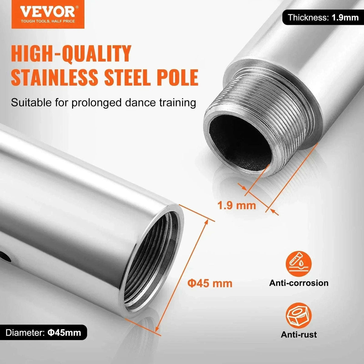 45mm Spinning & Static Dance Pole Kit Adjustable 88–111 Inches-CZECH REPUBLIC / 86x104in