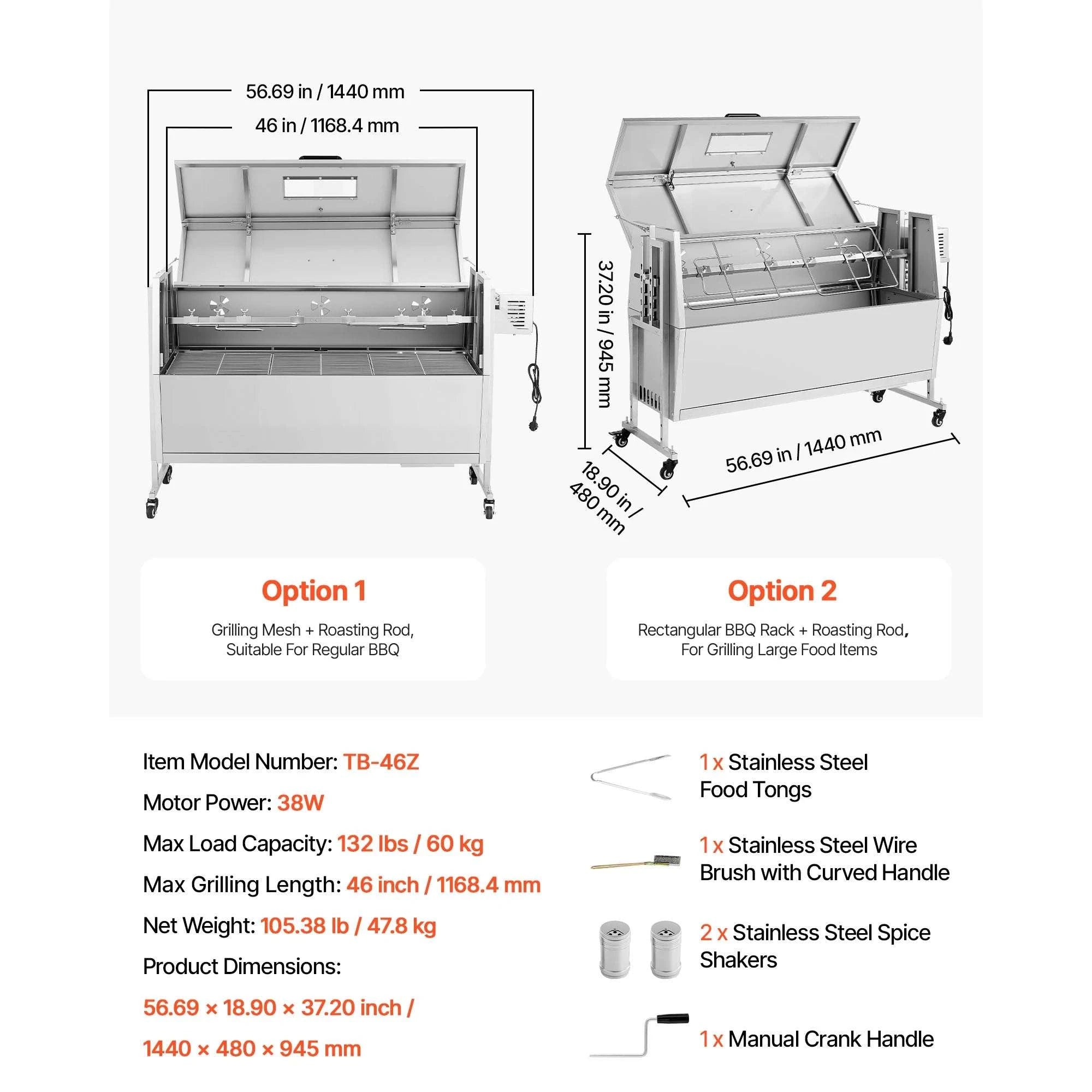 46" Rotisserie Grill with 132lb Capacity and 4-Level Heat Control-46inch / United States