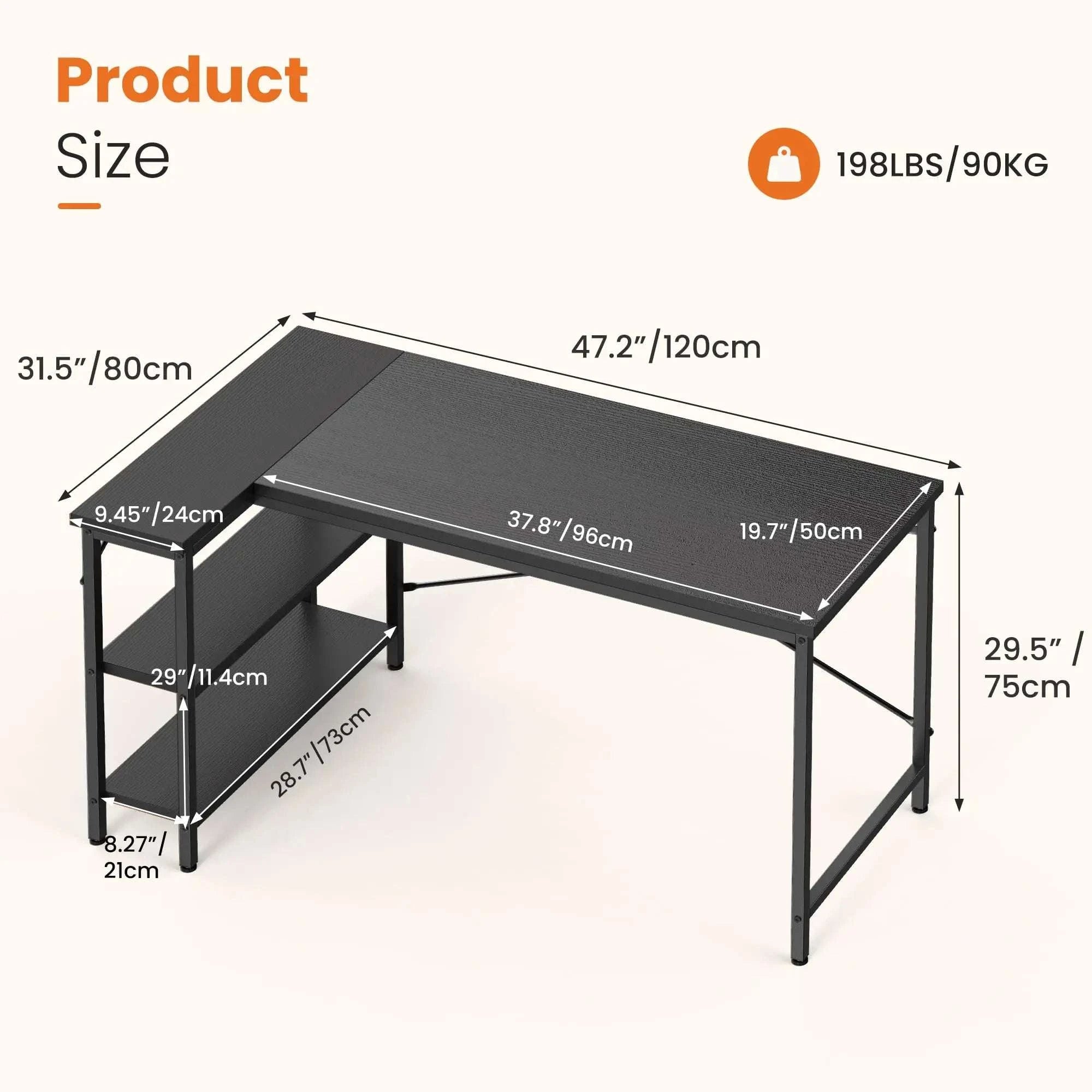 47 Inch L-Shaped Computer Desk with Reversible Storage Shelves-Black / United States