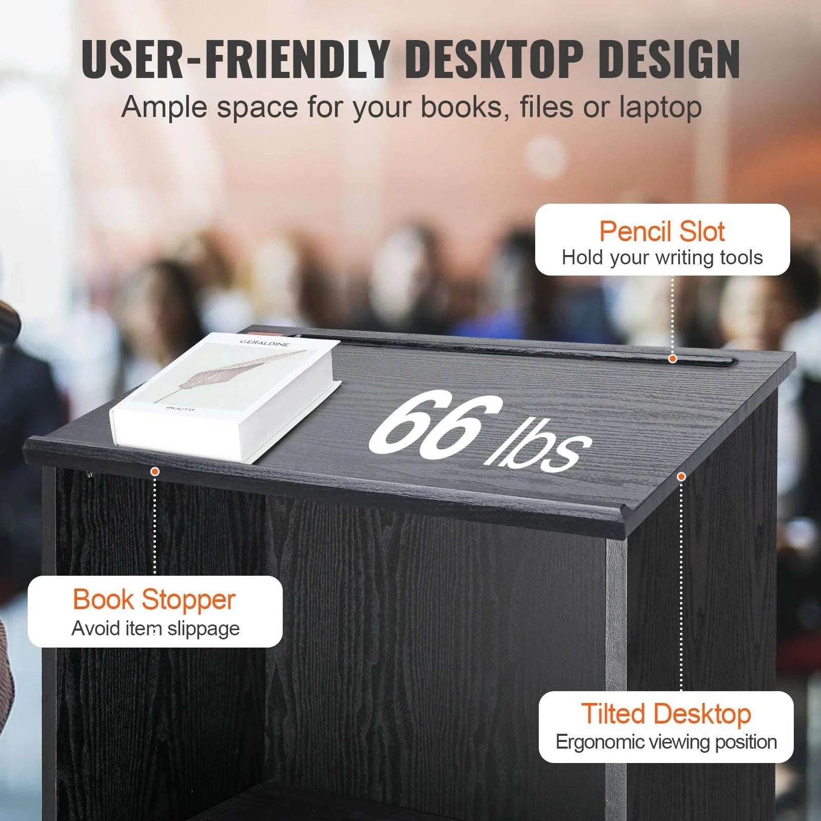 47" Rolling Podium Stand with Shelves and Tilted Desktop-Black / United States