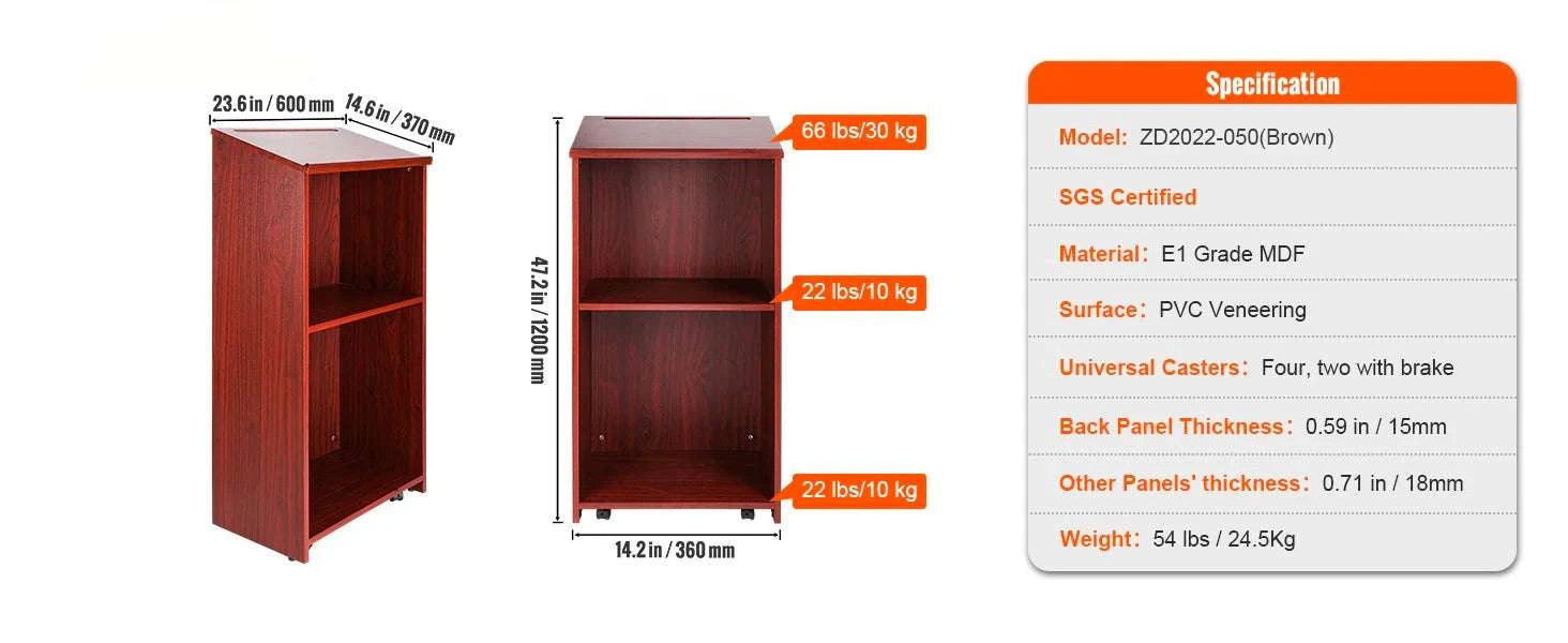 47" Rolling Podium Stand with Shelves and Tilted Desktop-Black / United States