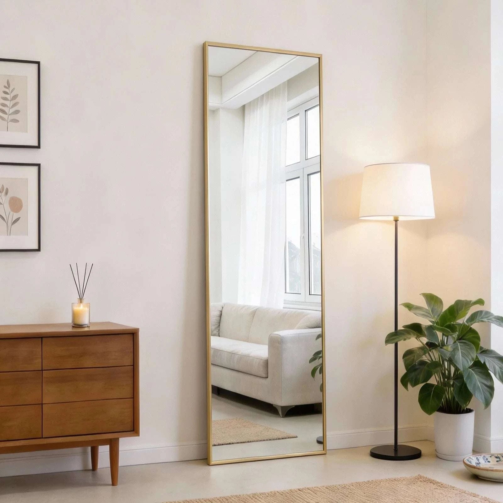 47x14 Full Length Wall Mirror with Aluminum Frame, Hang or Lean-Gold-rectangle / United States
