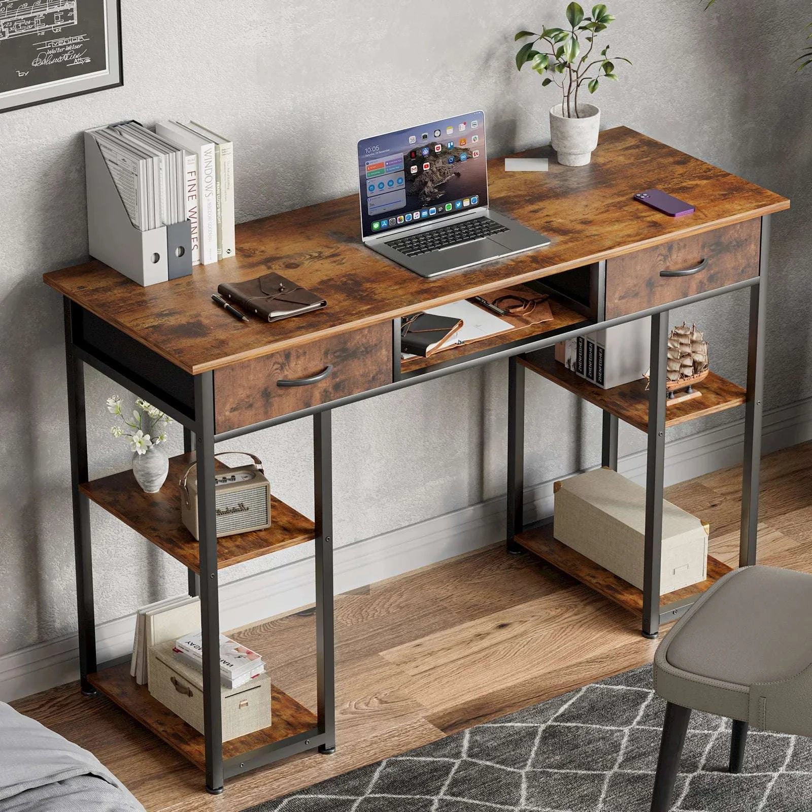 48 Inch Computer Desk with Drawers, Shelves & Keyboard Tray-black / United States