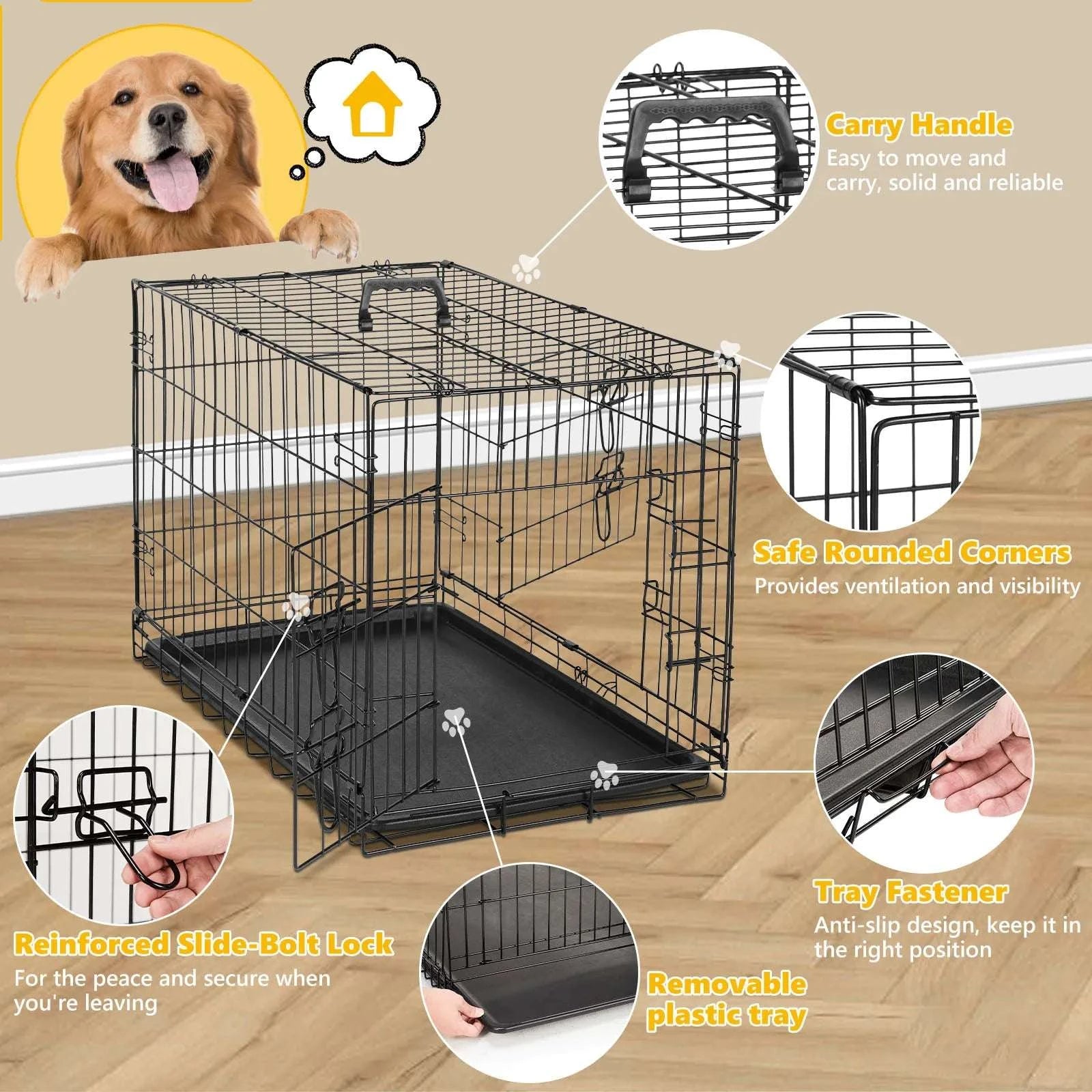 48 Inch Folding Metal Dog Crate with Double Doors & Leak-Proof Tray-black / 36 Inch / United States