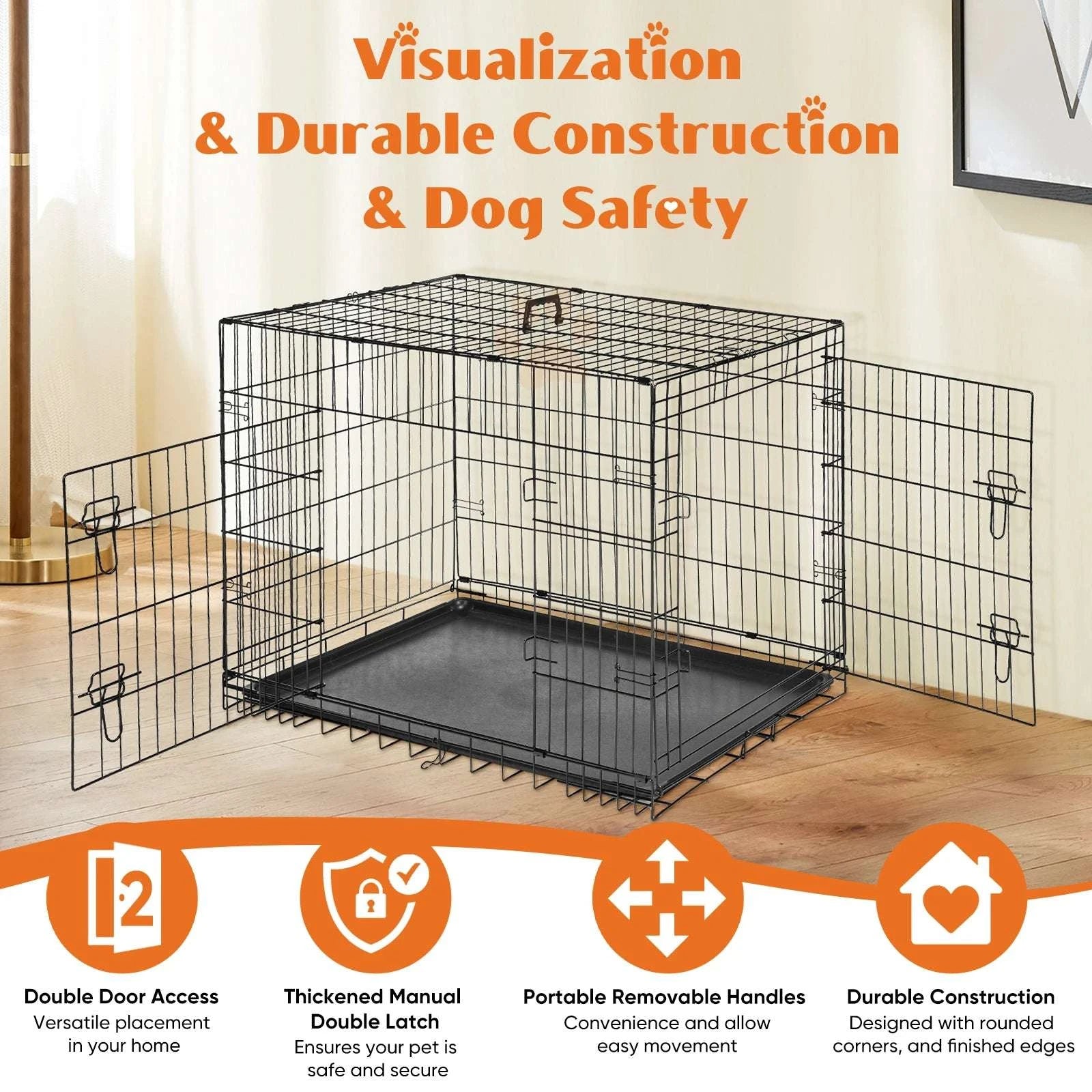 48 Inch Folding Metal Dog Crate with Double Doors & Leak-Proof Tray-black / 36 Inch / United States