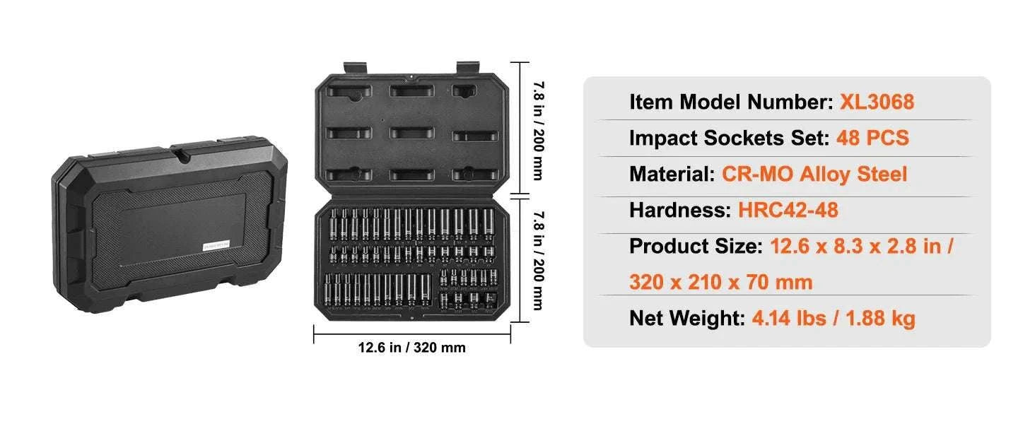 48-Piece Impact Socket Set 1/4" Deep & Shallow CR-MO Steel Kit-48pcs 0.25in / United States
