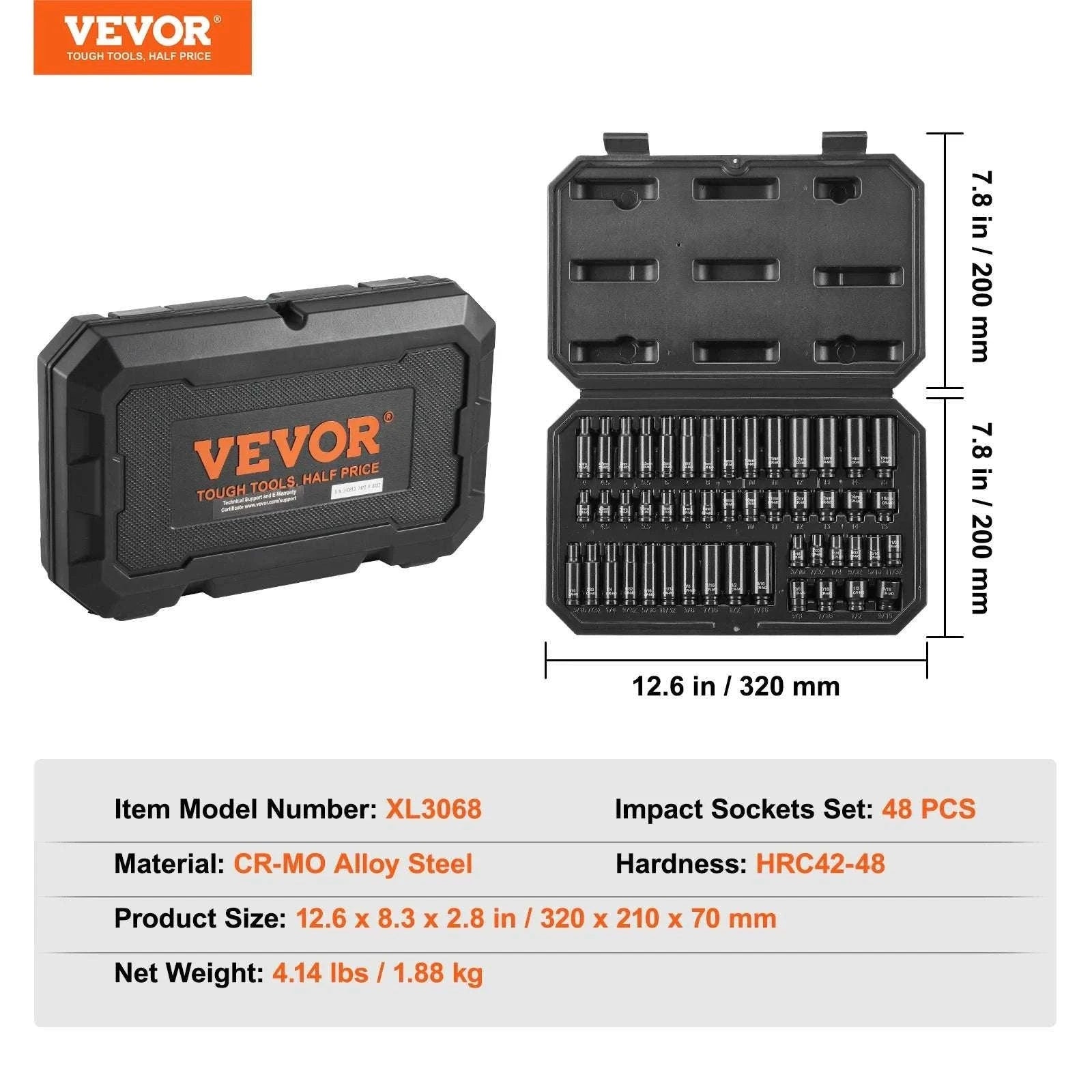 48-Piece Impact Socket Set 1/4" Deep & Shallow CR-MO Steel Kit-48pcs 0.25in / United States