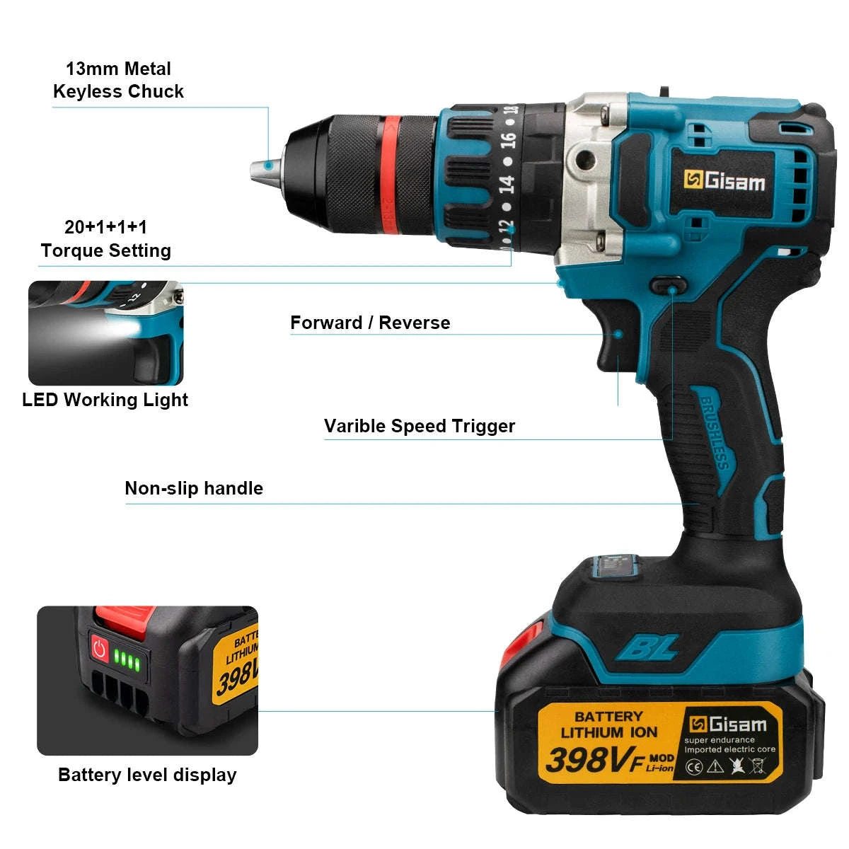 480N.M Brushless Electric Impact Drill for Makita 18V Batteries-2 Battery / spain