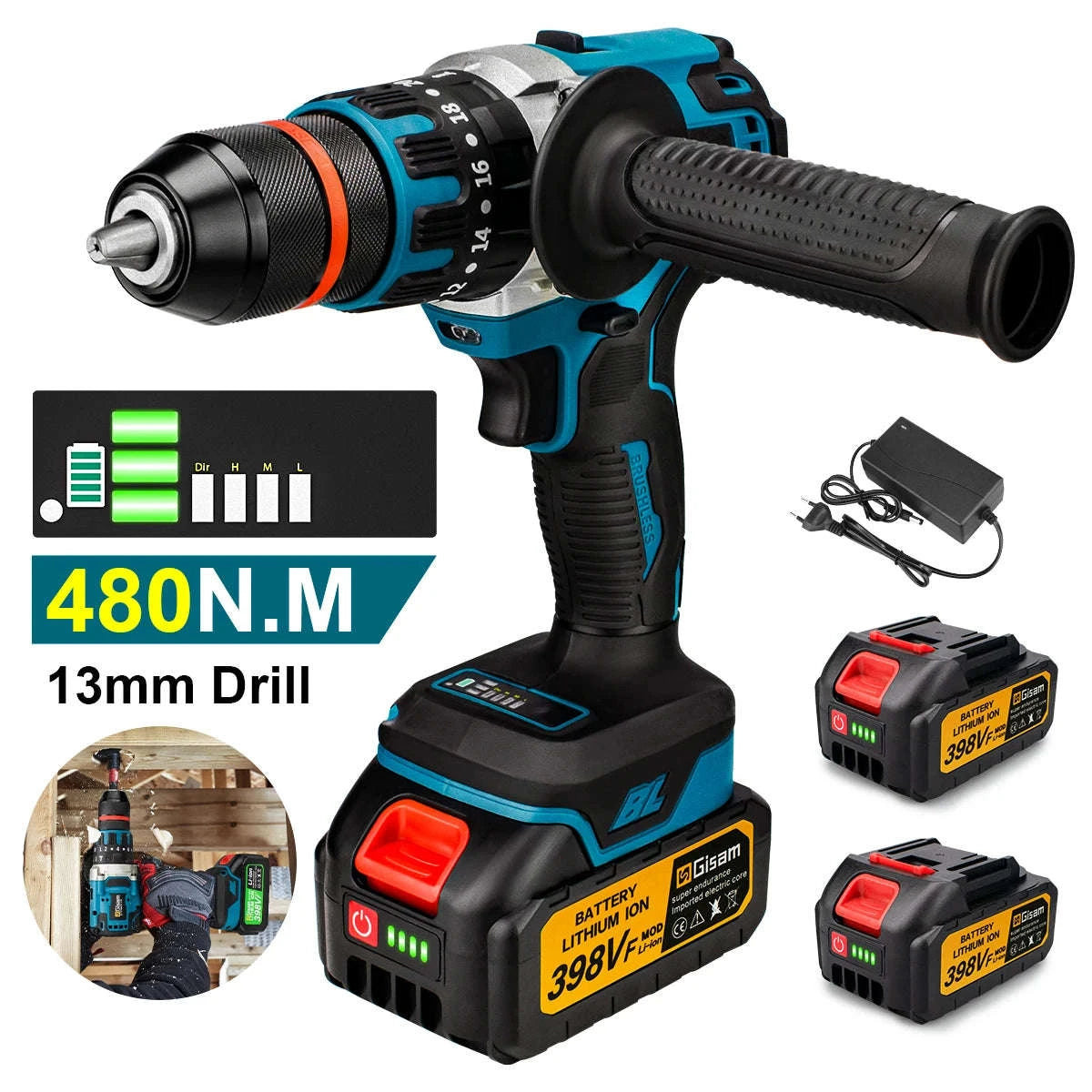 480N.M Brushless Electric Impact Drill for Makita 18V Batteries-2 Battery / spain