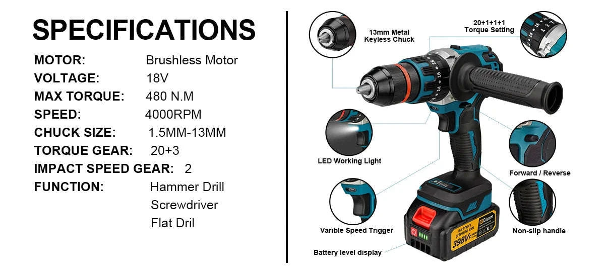 480N.M Brushless Electric Impact Drill for Makita 18V Batteries-2 Battery / spain