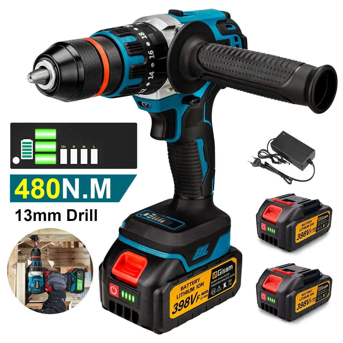 480N.M Brushless Impact Drill for Makita 18V Batteries-2 Battery / spain