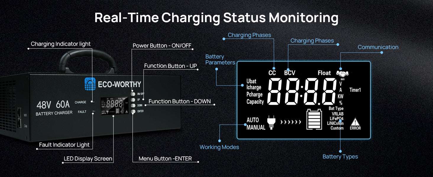 48V 60A LiFePO4 Battery Charger with Adjustable Voltage & Current-black / United States