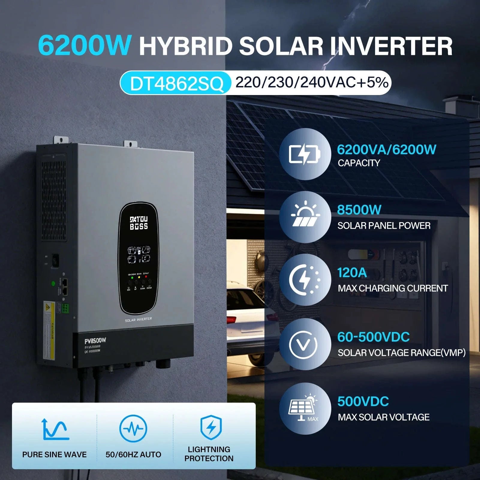 48V 6200W Hybrid Solar Inverter with MPPT Charger, Grid-Connected and Standalone Modes, Anti-Reverse Flow Mechanism-DT-4862S-48V-A-EU / 220-240V / Without Sensor|Poland