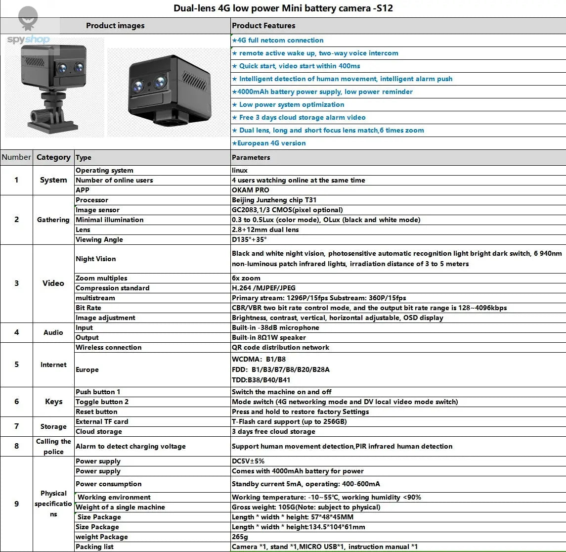 4G Sim Mini 4K Dual-Lens Camera 6X Zoom Motion Detection Night Vision 4000mAh Big Battery Two-Way Intercom Surveillance Spy-shop.com