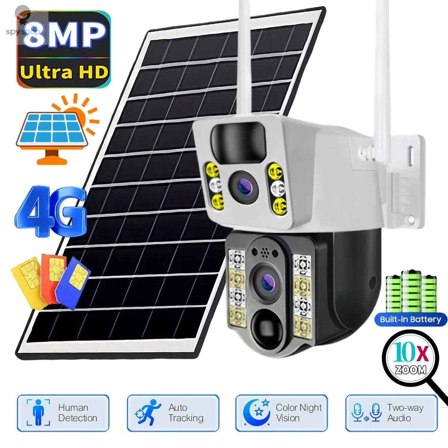 4K Solar Camera 4G SIM Card Dual Lens 8MP HD Night Vision IP CCTV Surveillance PTZ PIR Human Detection Alarm Waterproof Camera Spy-shop.com