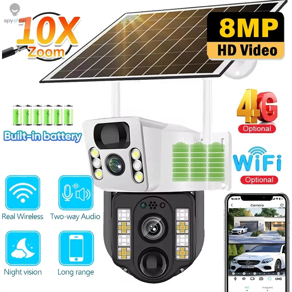 4K Solar Camera 4G SIM Card WiFi Dual Lens 8MP HD Night Vision IP CCTV Surveillance PTZ PIR Human Detection Alarm Waterproof Spy-shop.com
