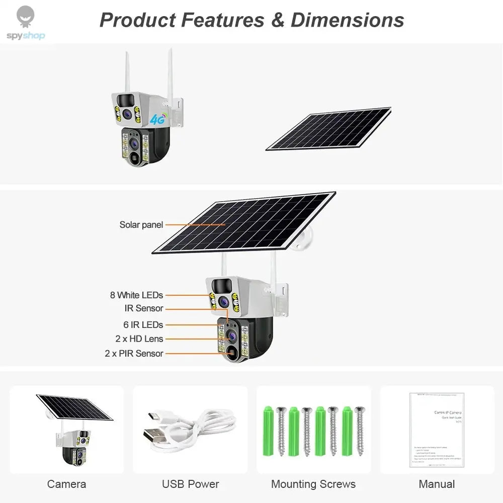4K Solar Camera 4G SIM Card WiFi Dual Lens 8MP HD Night Vision IP CCTV Surveillance PTZ PIR Human Detection Alarm Waterproof Spy-shop.com