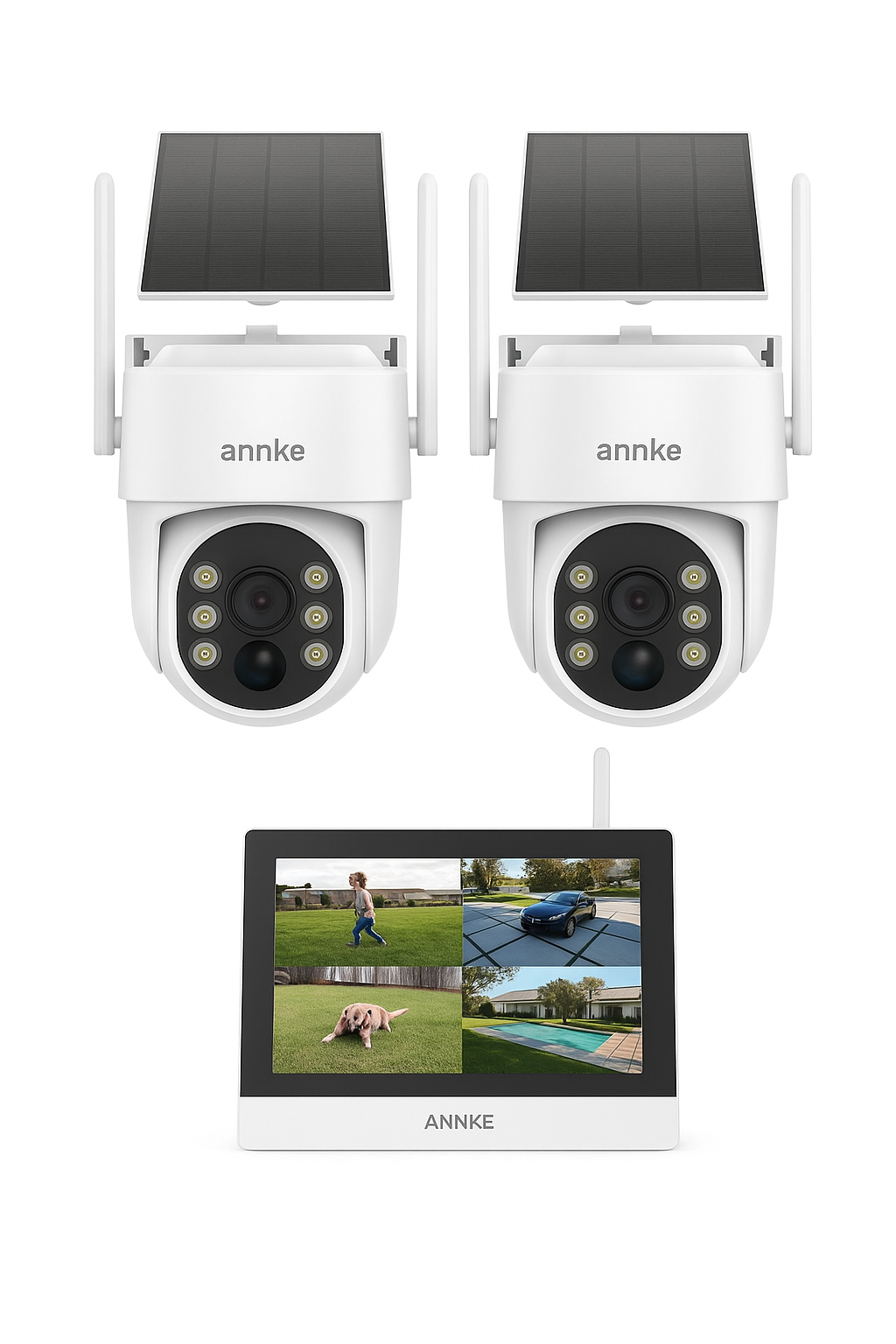 4CH Wireless Security Camera System with 7 Inch Monitor and 2 Solar PTZ Cameras