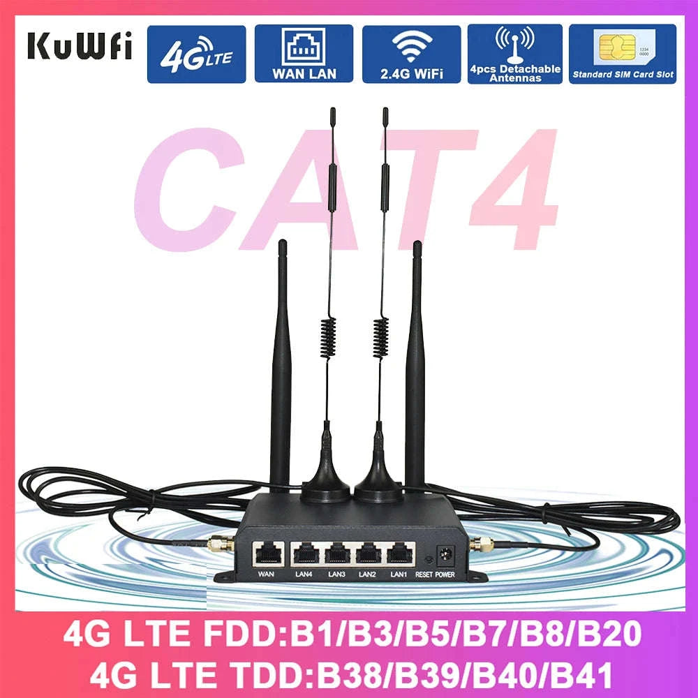 4G LTE Router 300Mbps 2.4GHz WiFi with 4 Detachable Antennas and Ethernet Ports-CAT4 4G Router / EU Plug