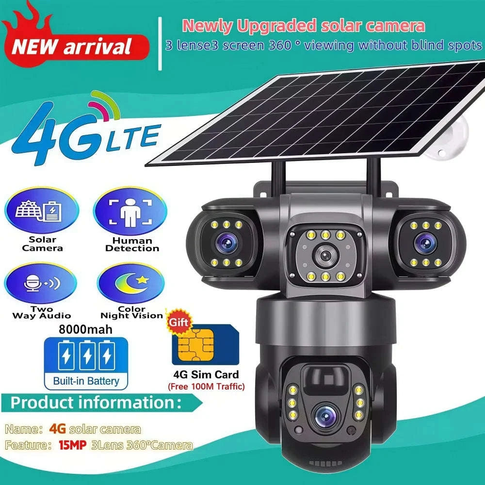 4G LTE Solar Security Camera 15MP Triple Lens PTZ Night Vision-4G CCTV No Card / Poland