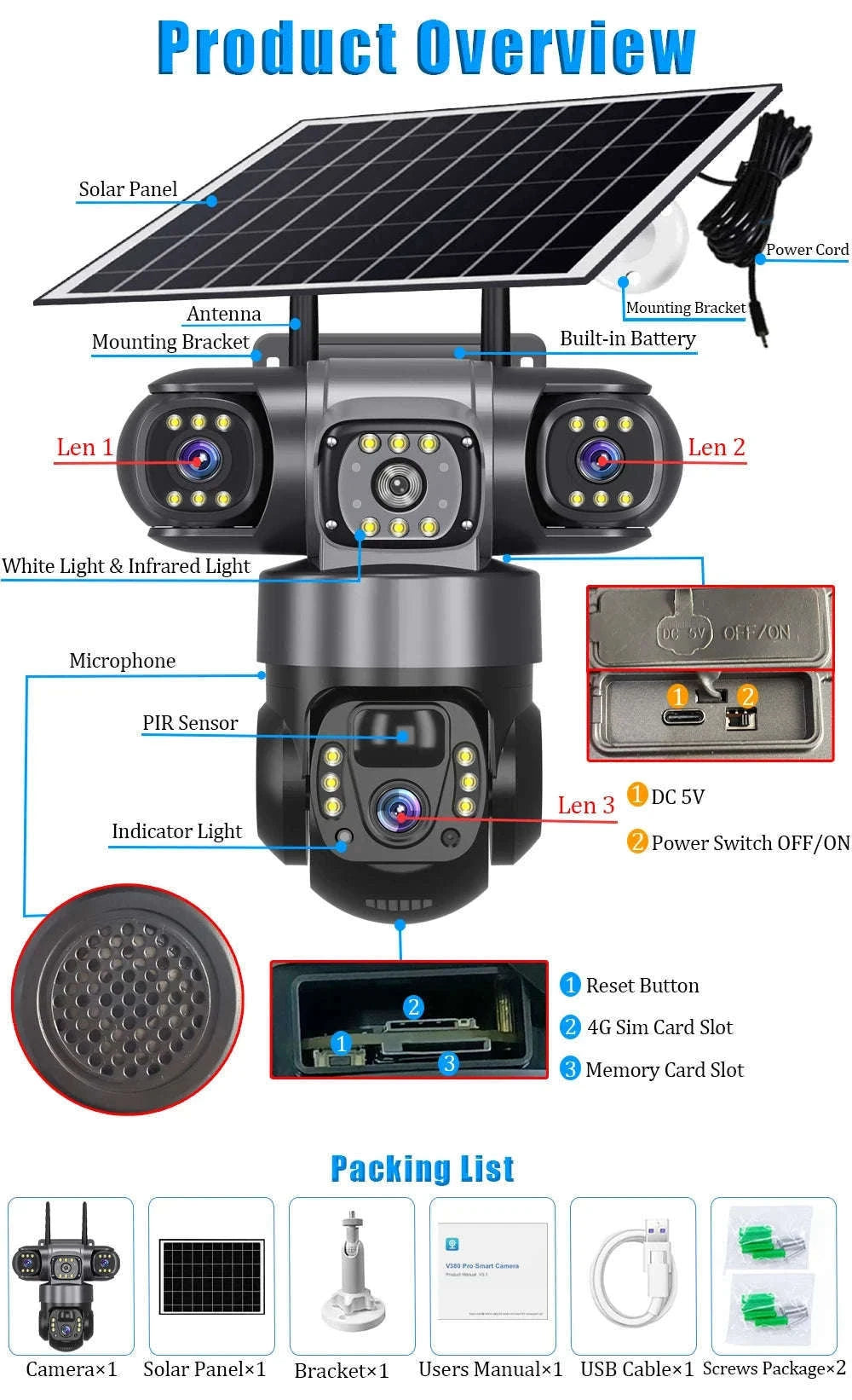 4G LTE Solar Security Camera 15MP Triple Lens PTZ Night Vision-4G CCTV No Card / Poland