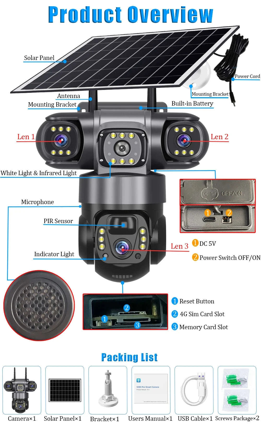 4G LTE Solar Security Camera 15MP Triple Lens PTZ Night Vision-4G CCTV No Card / Poland