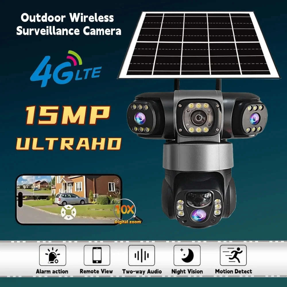 4G LTE Solar Security Camera 15MP Triple Lens PTZ Night Vision-4G CCTV No Card / Poland
