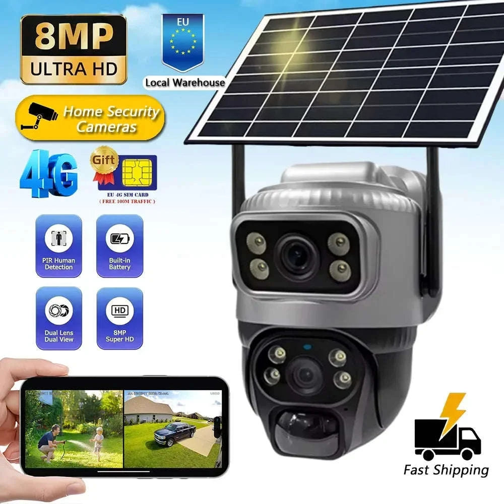 4G Solar Dual-Lens Outdoor Security Camera with 10X Zoom and Human Detection-4G Solar Camera Add 128G / Poland