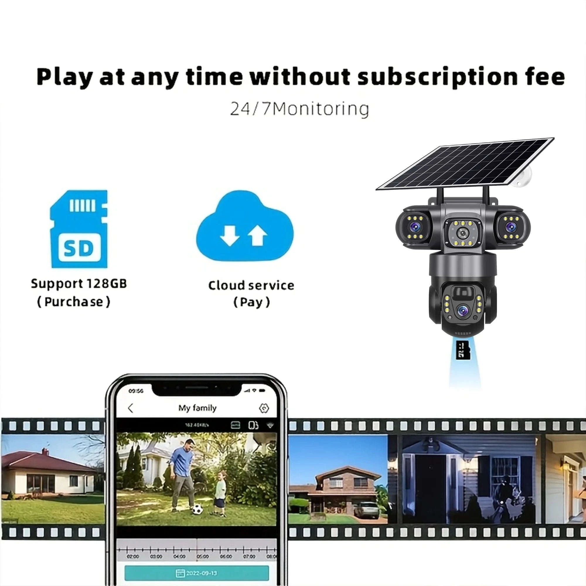 4G Solar Outdoor Security Camera with Triple Lens and PIR Detection-4G camera add 128GB / Poland
