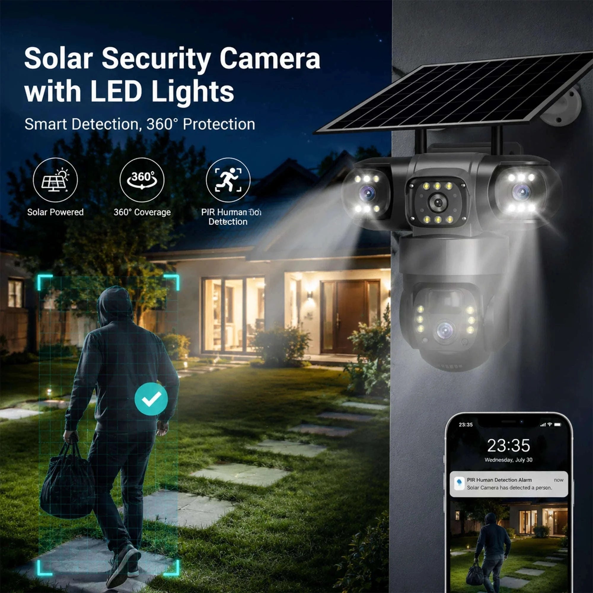 4G Solar Outdoor Security Camera with Triple Lens and PIR Detection-4G camera add 128GB / Poland