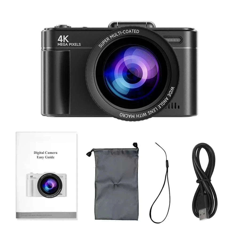 4K 64MP Retro Compact Digital Camera with 18X Zoom-Black large lens