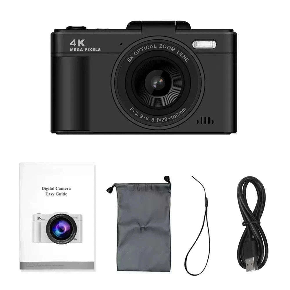 4K 64MP Retro Compact Digital Camera with 18X Zoom-Black large lens