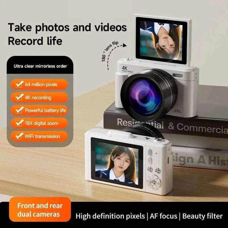 4K 64MP Retro Compact Digital Camera with 18X Zoom-Black large lens