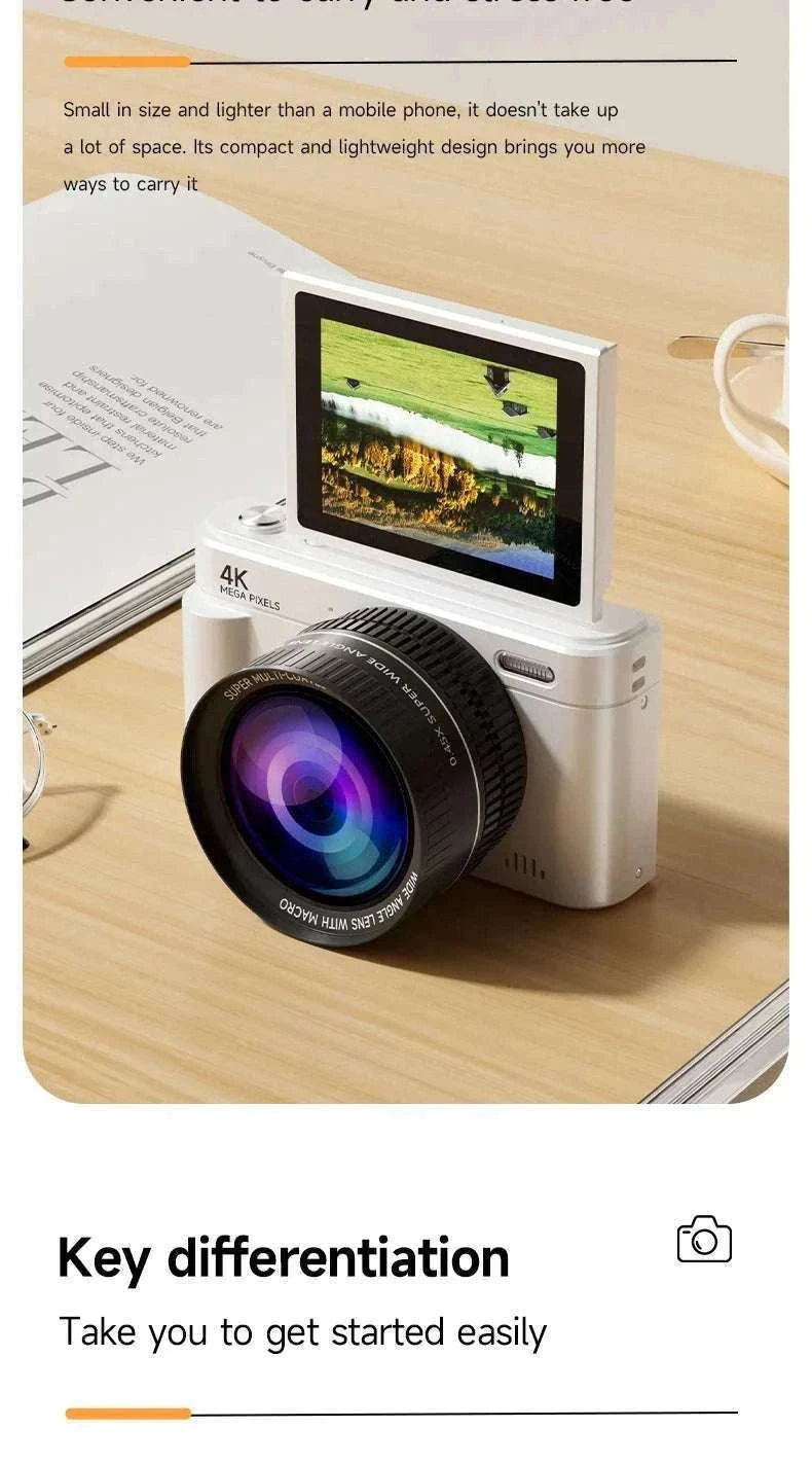 4K 64MP Retro Compact Digital Camera with 18X Zoom-Black large lens