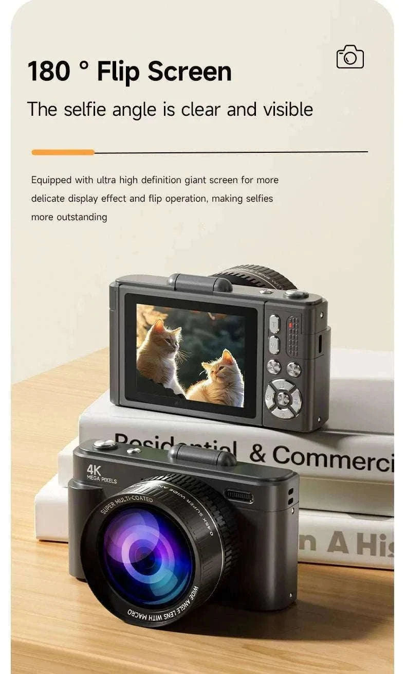 4K 64MP Retro Compact Digital Camera with 18X Zoom-Black large lens