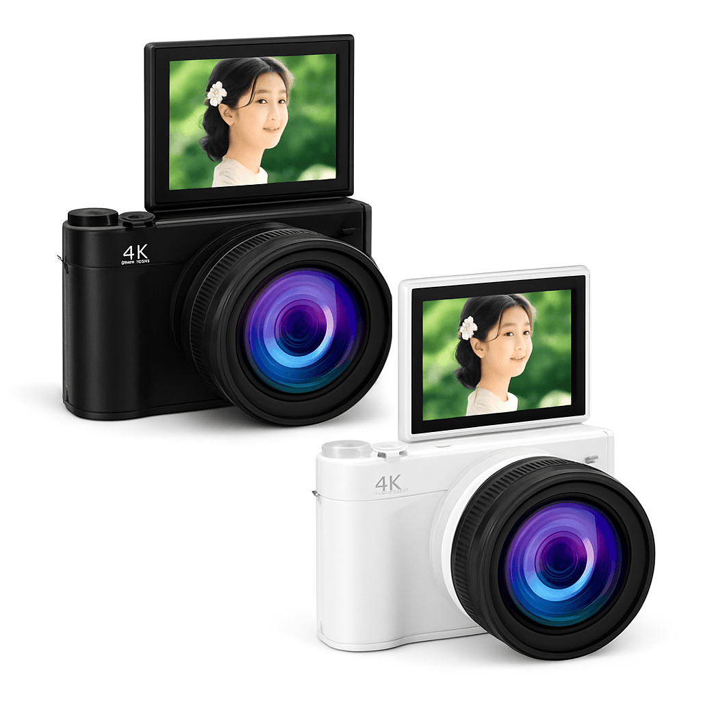 4K 64MP Retro Compact Digital Camera with 18X Zoom-Black large lens
