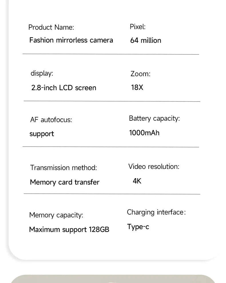 4K 64MP Retro Compact Digital Camera with 18X Zoom-White normal lens