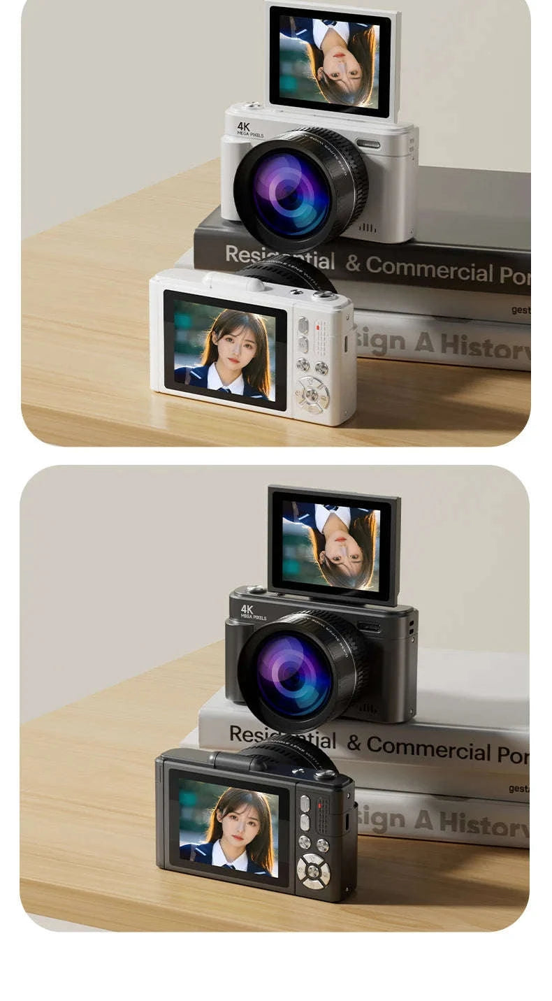 4K 64MP Retro Compact Digital Camera with 18X Zoom-White normal lens