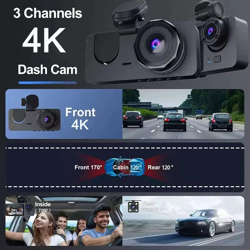 4K Dash Cam 3-Channel Front and Rear Recorder with WiFi App-United States / None