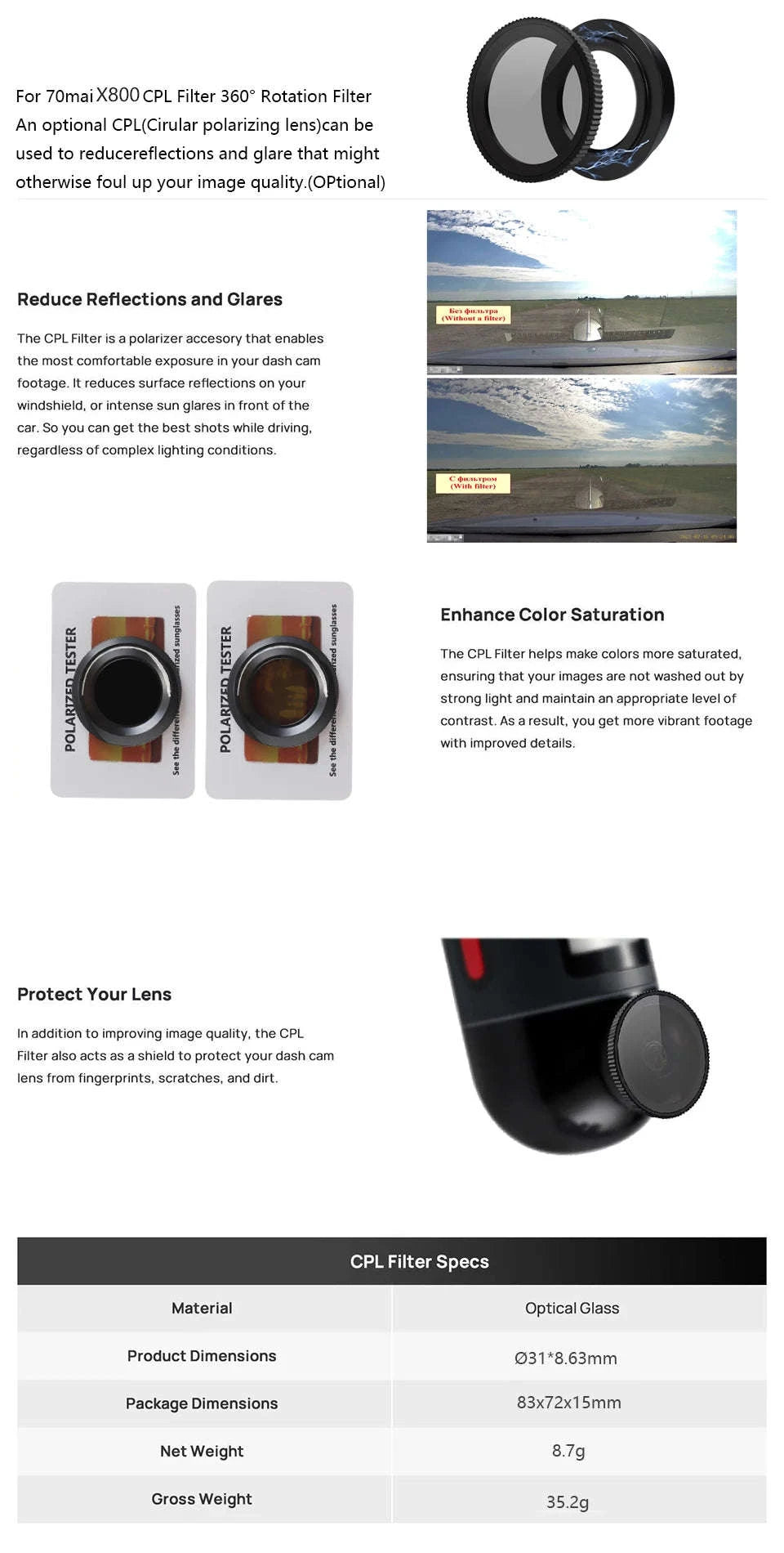 4K Dash Cam CPL Filter for Rear Camera-Front Rear Sticker