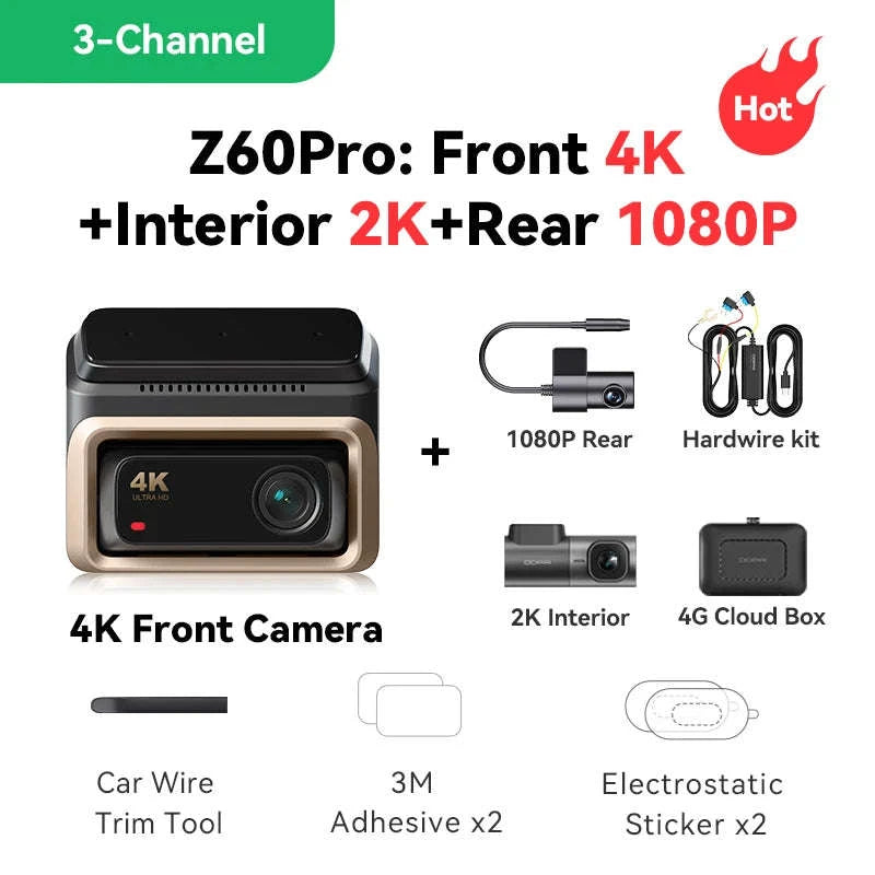 4K Dash Cam Front and Rear Interior Camera with HDR, 5GHz Wi‑Fi, GPS, ADAS, 4G Support-2-Channel / Poland / 256G SD Card