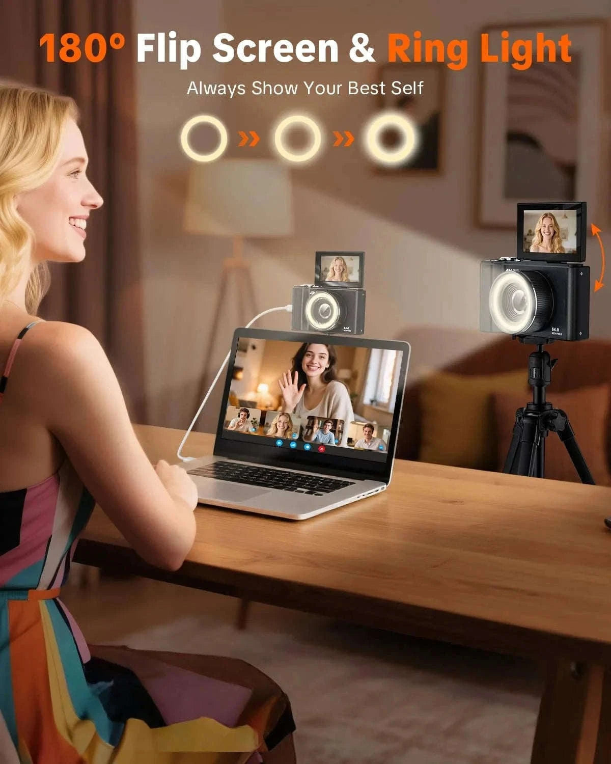 4K Digital Camera with Ring Light, Flip Screen for Vlogging-WHITE / United States