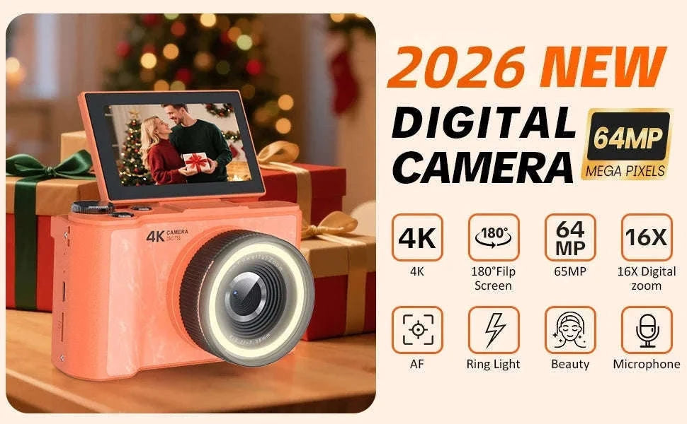 4K Digital Camera with Ring Light, Flip Screen for Vlogging-WHITE / United States